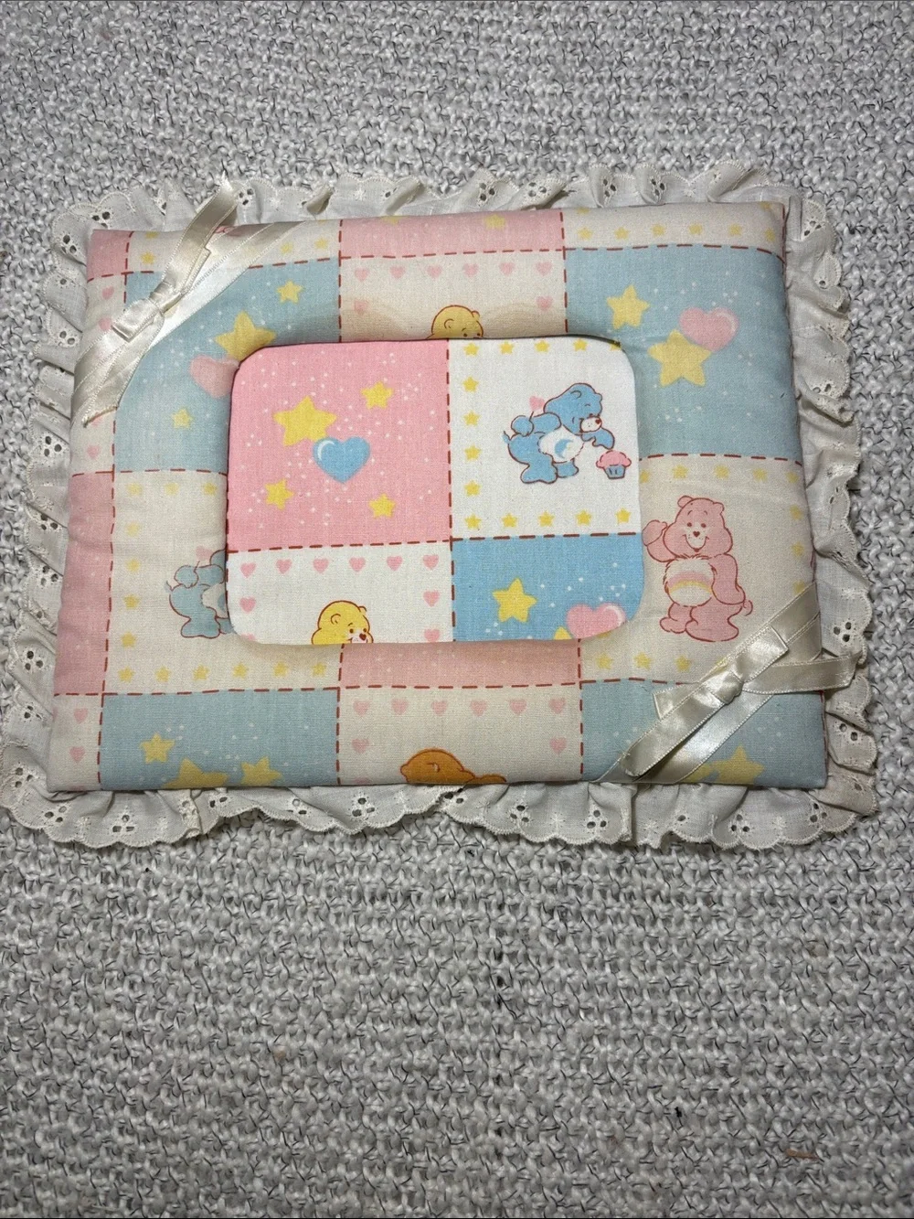Vintage 1980’s Care Bears Padded Photo Frame Patchwork Pastel Lace Trim Cottage